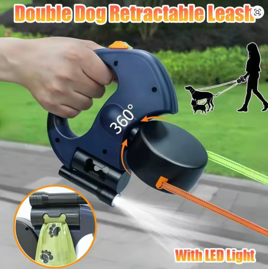 3M Retractable Dog Leash – Double, LED, Tangle-Free