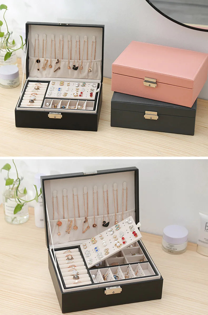 Double-Layer PU Leather Jewelry Box with Lock