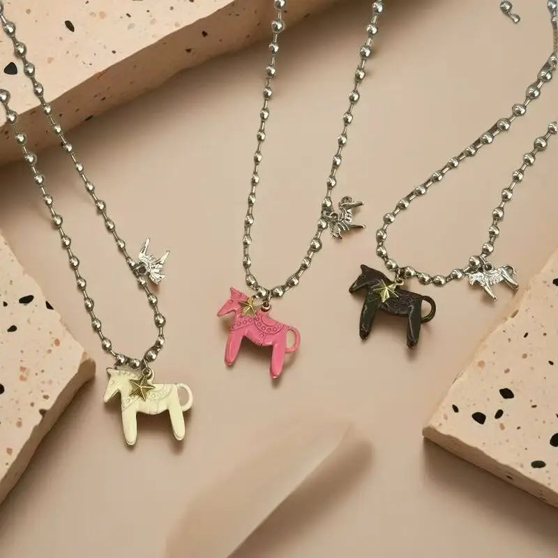 LATS Enamel Horse Pendant Necklace