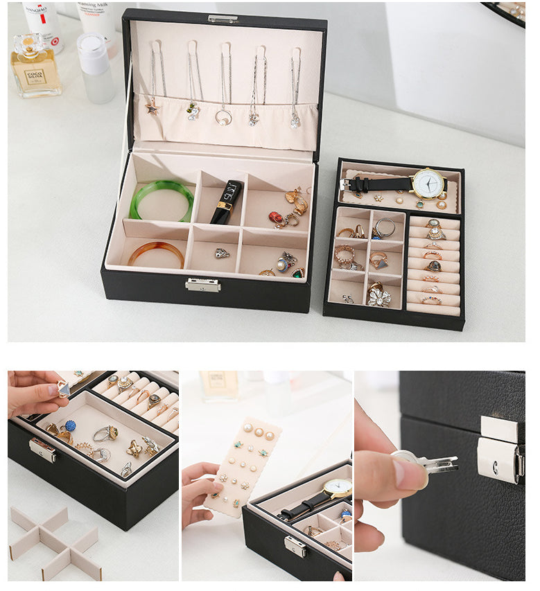Double-Layer Wooden Jewelry Box with PU Leather