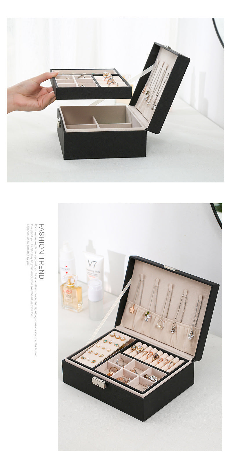 Double-Layer Wooden Jewelry Box with PU Leather