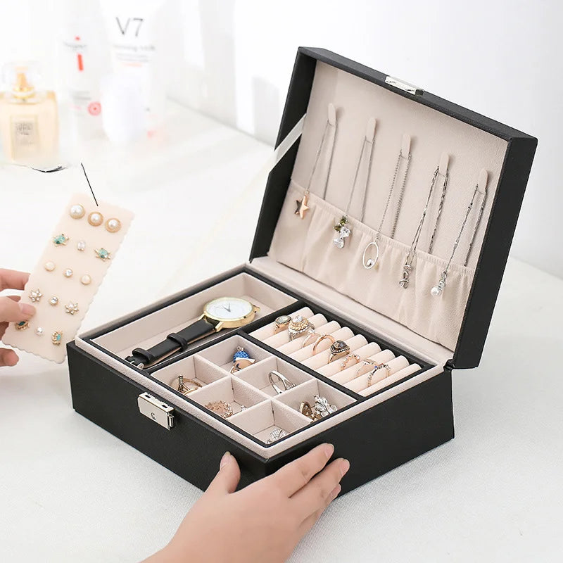 Double-Layer Wooden Jewelry Box with PU Leather