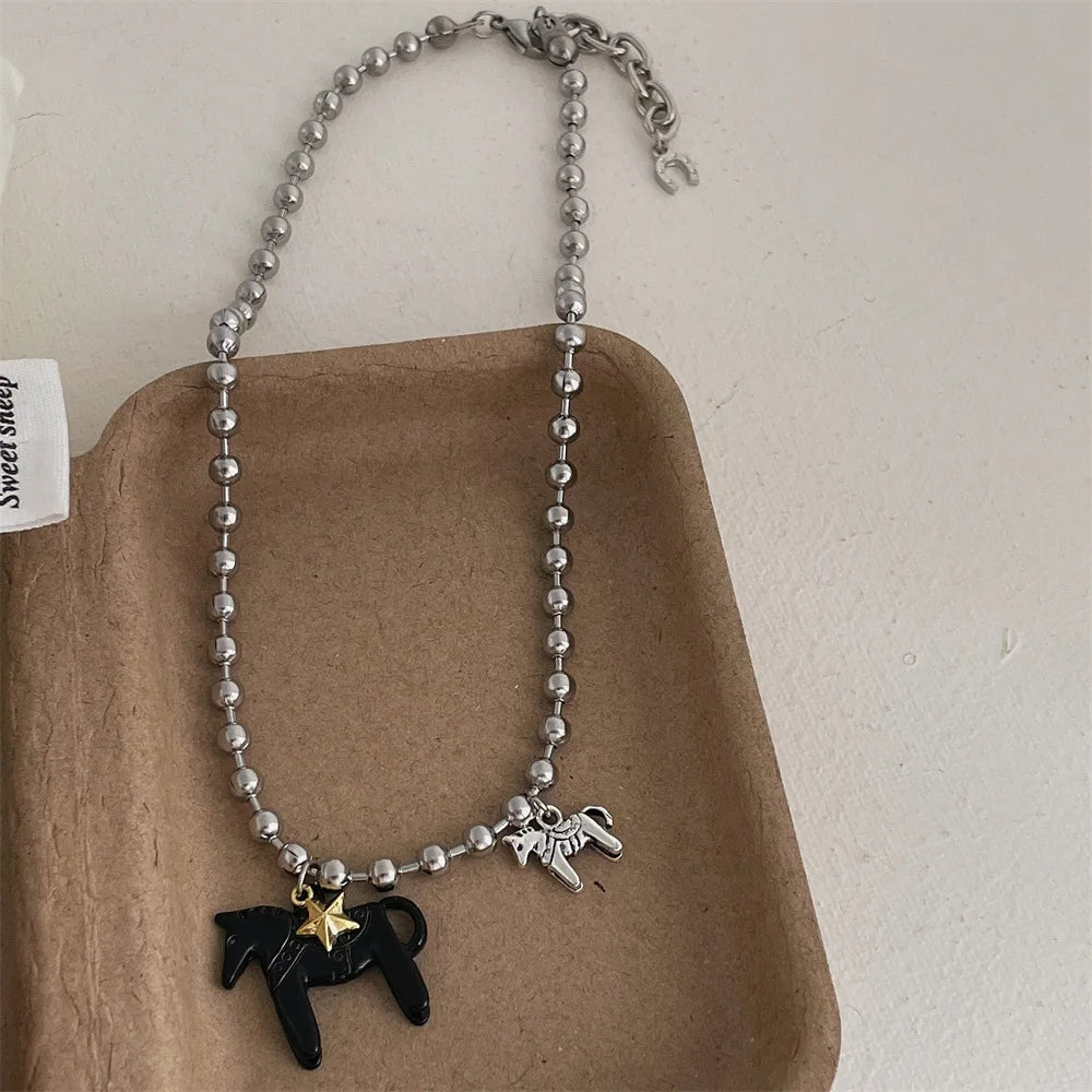 LATS Enamel Horse Pendant Necklace