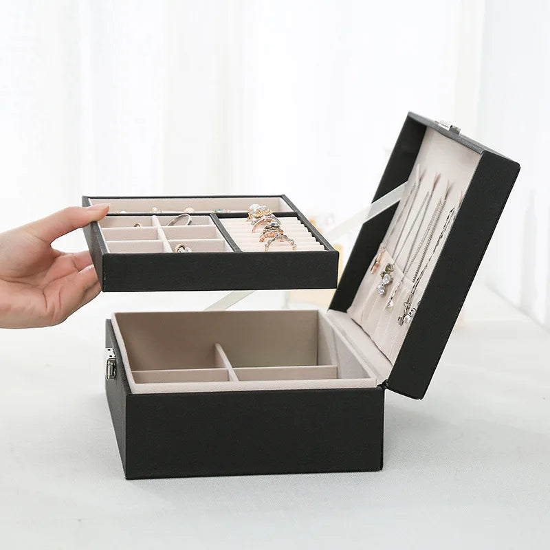 Double-Layer Wooden Jewelry Box with PU Leather