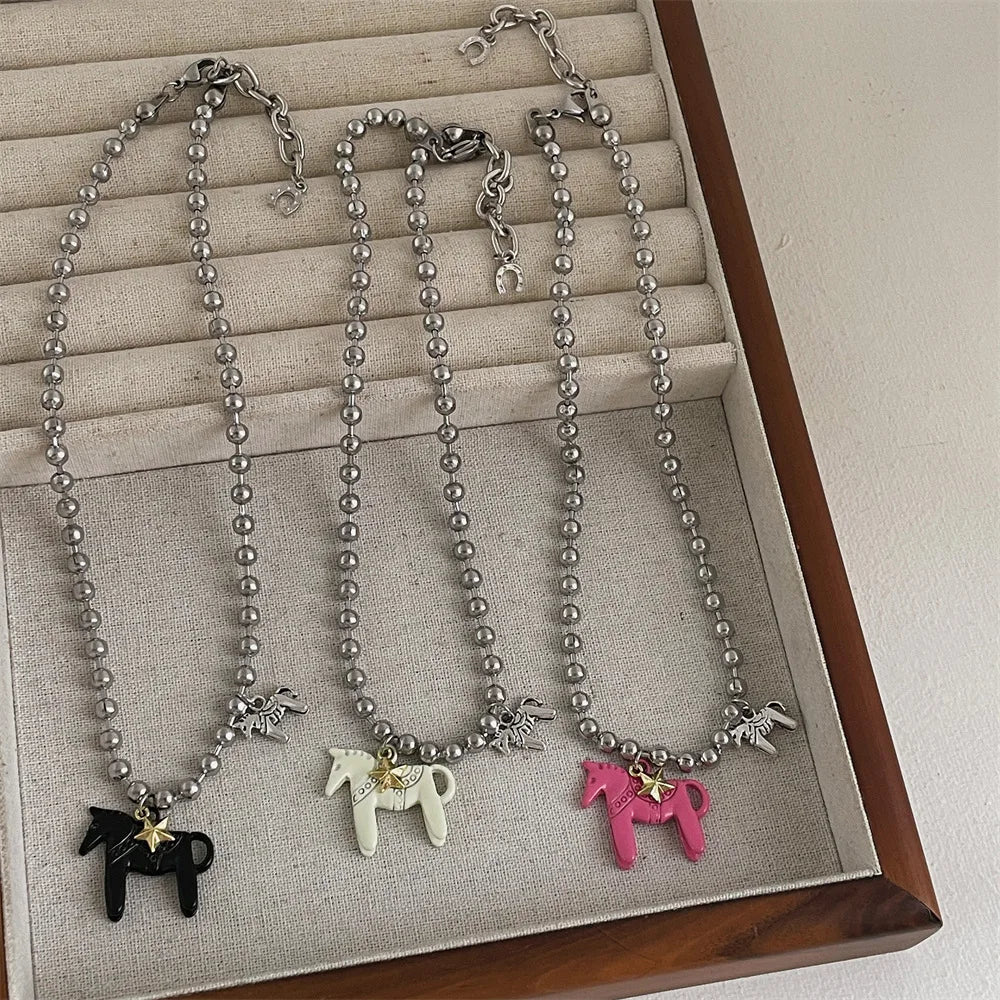 LATS Enamel Horse Pendant Necklace