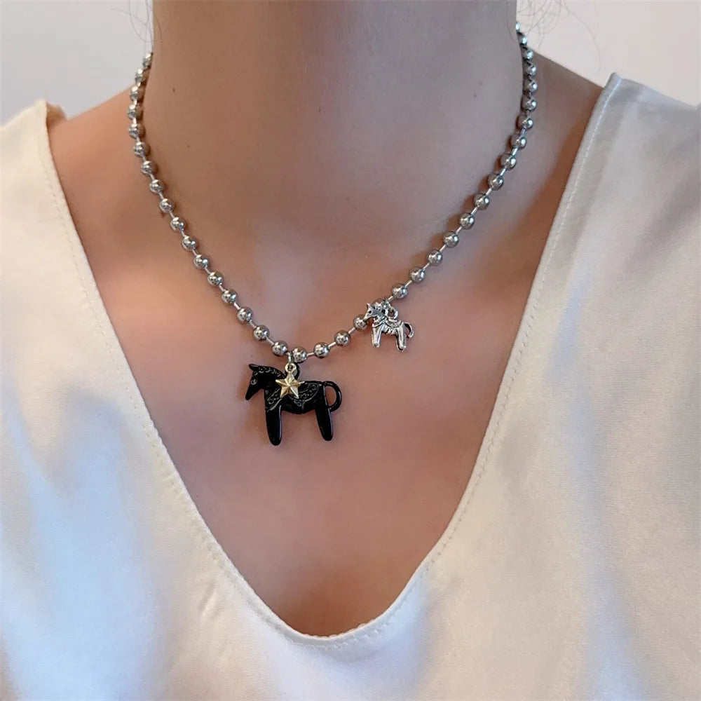 LATS Enamel Horse Pendant Necklace
