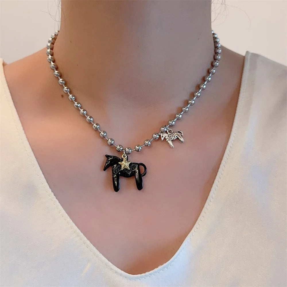 LATS Enamel Horse Pendant Necklace