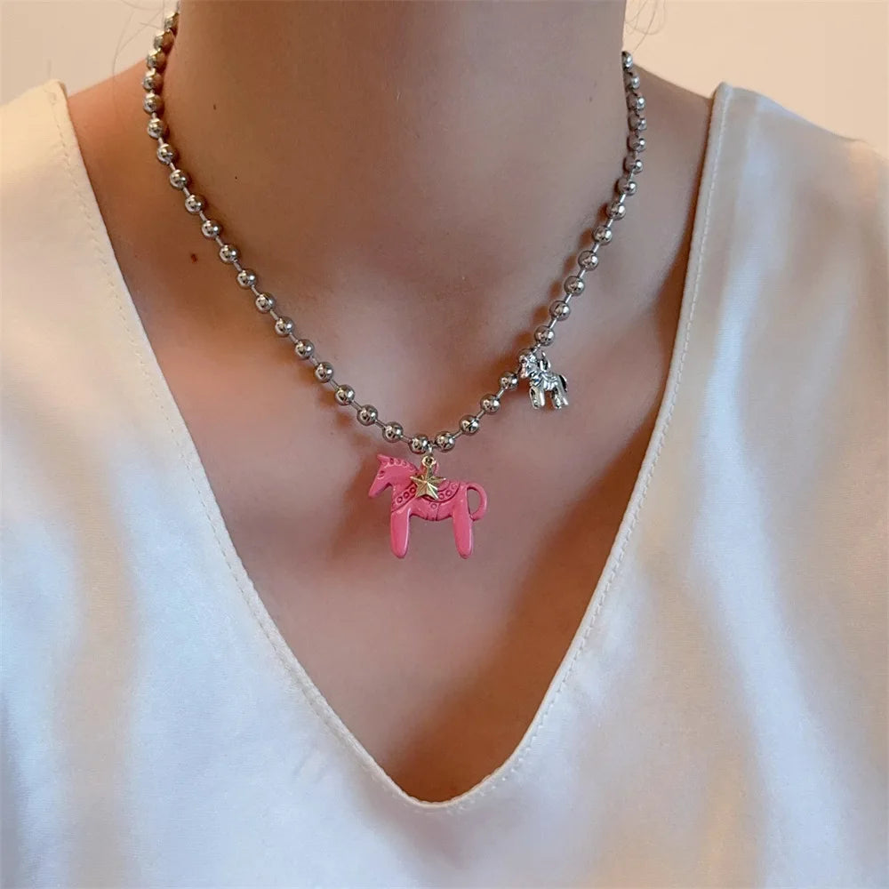 LATS Enamel Horse Pendant Necklace