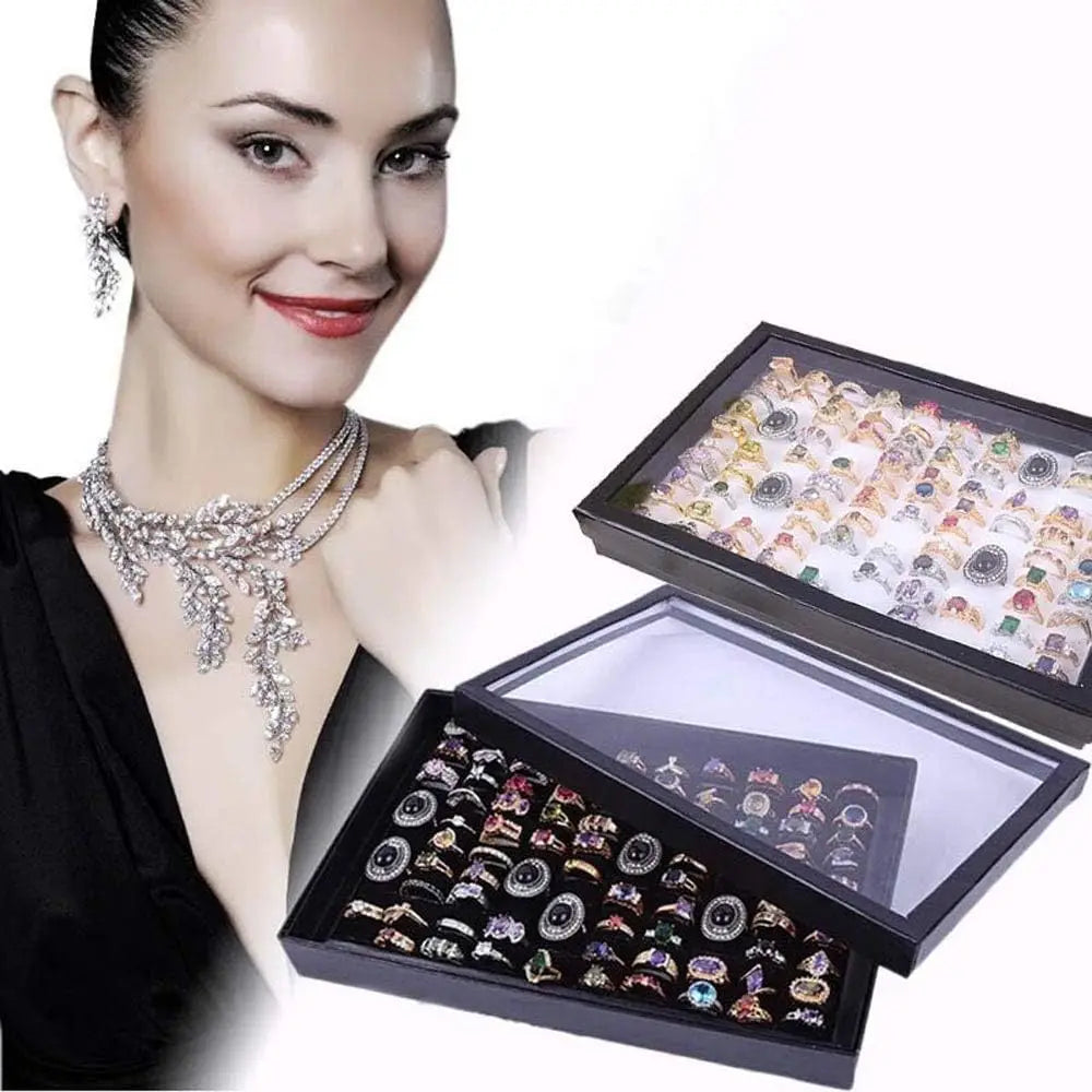 100-Slot Jewelry Display Box with Transparent Cover