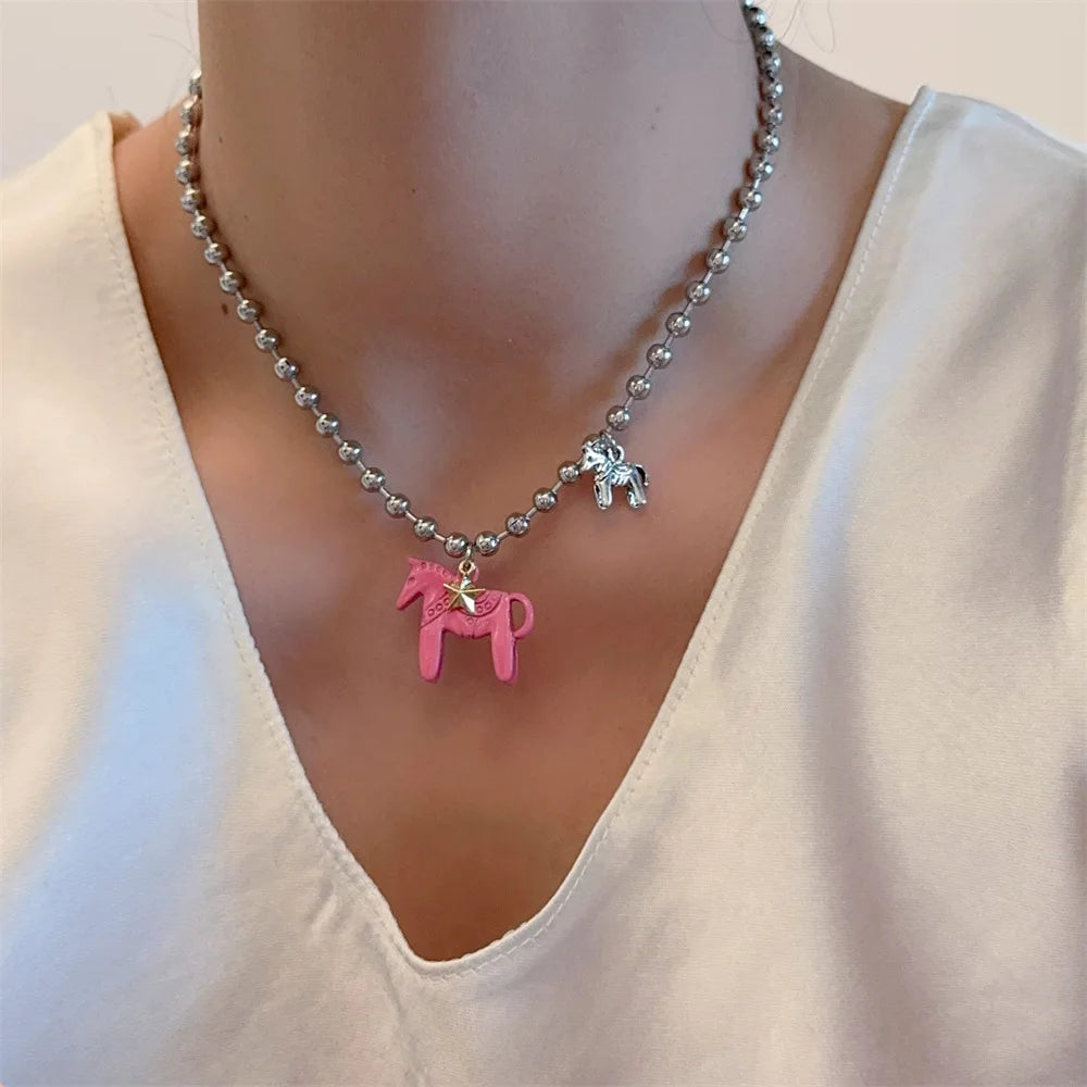 LATS Enamel Horse Pendant Necklace