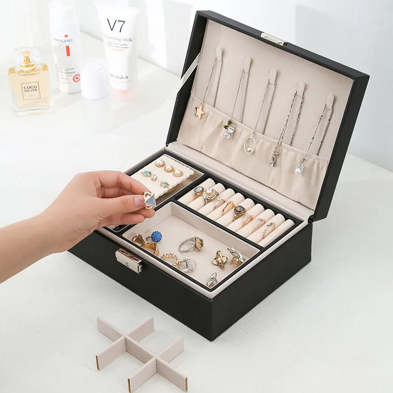 Double-Layer Wooden Jewelry Box with PU Leather