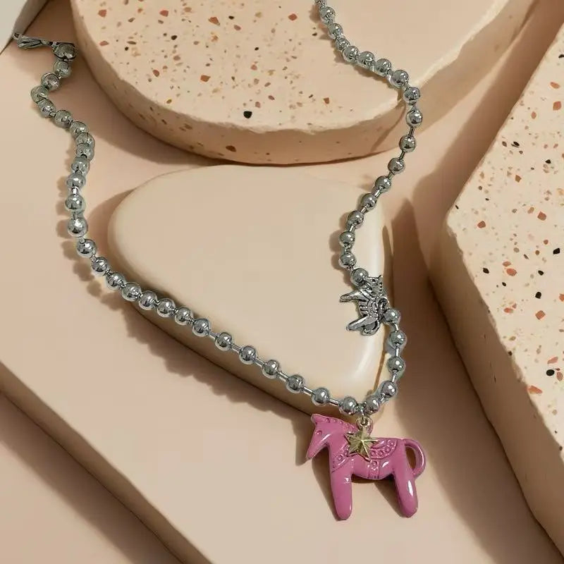 LATS Enamel Horse Pendant Necklace