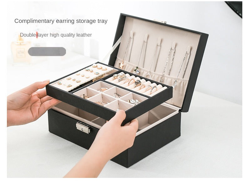 Double-Layer Wooden Jewelry Box with PU Leather