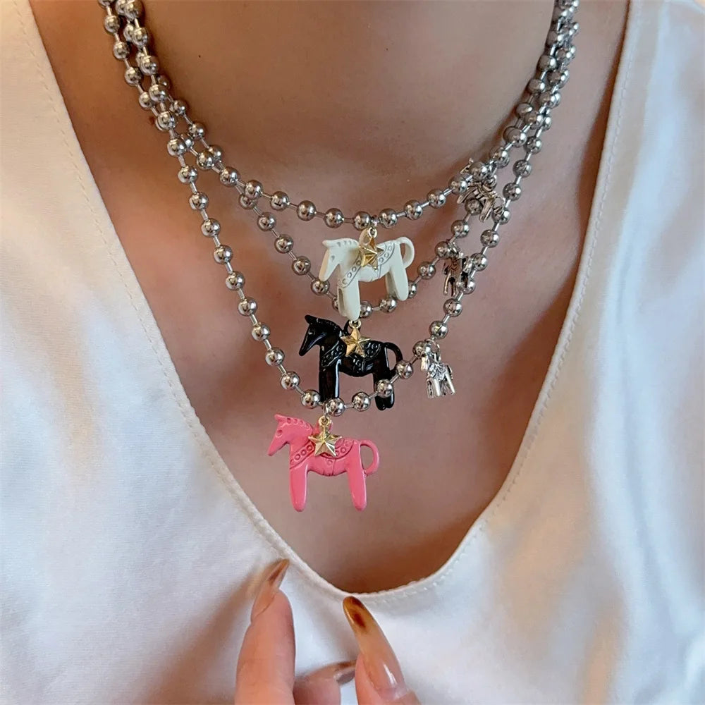 LATS Enamel Horse Pendant Necklace