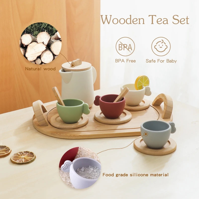 Kids Wooden Pretend Play Tea Set