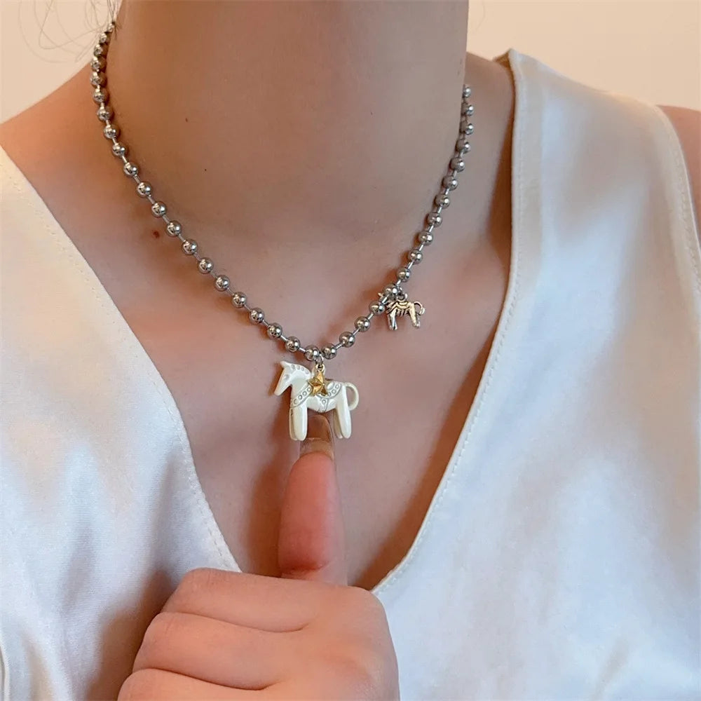LATS Enamel Horse Pendant Necklace