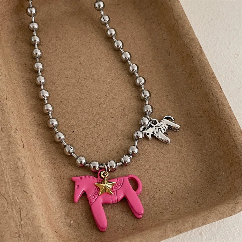 LATS Enamel Horse Pendant Necklace