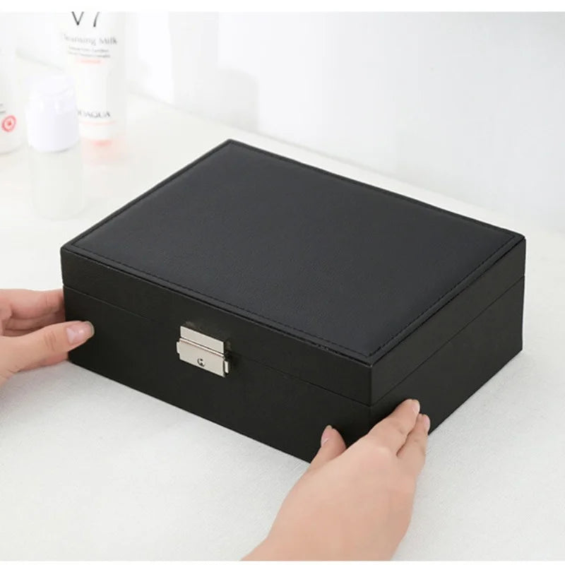Double-Layer Wooden Jewelry Box with PU Leather