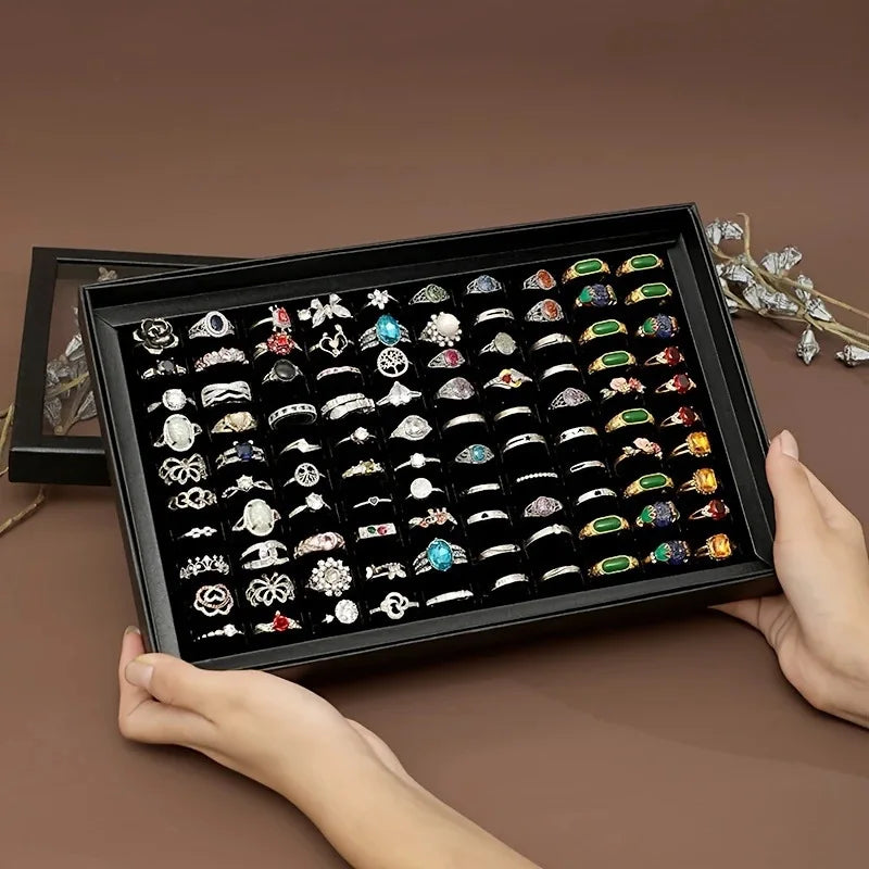 100-Slot Jewelry Display Box with Transparent Cover