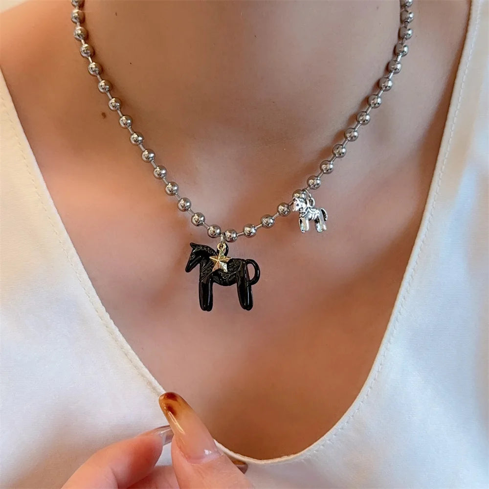 LATS Enamel Horse Pendant Necklace