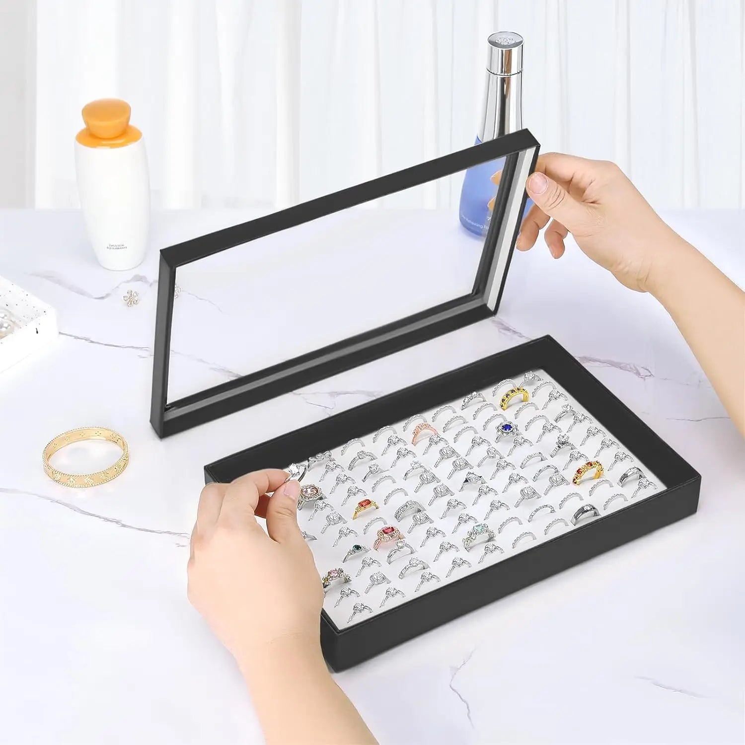 100-Slot Jewelry Display Box with Transparent Cover