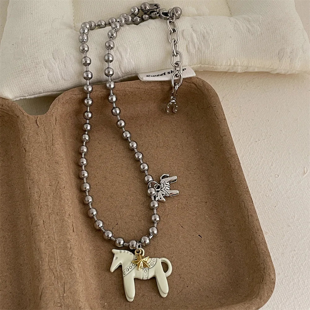 LATS Enamel Horse Pendant Necklace