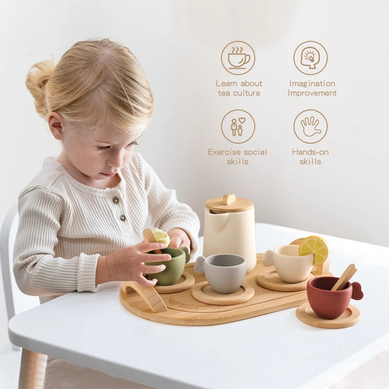 Kids Wooden Pretend Play Tea Set